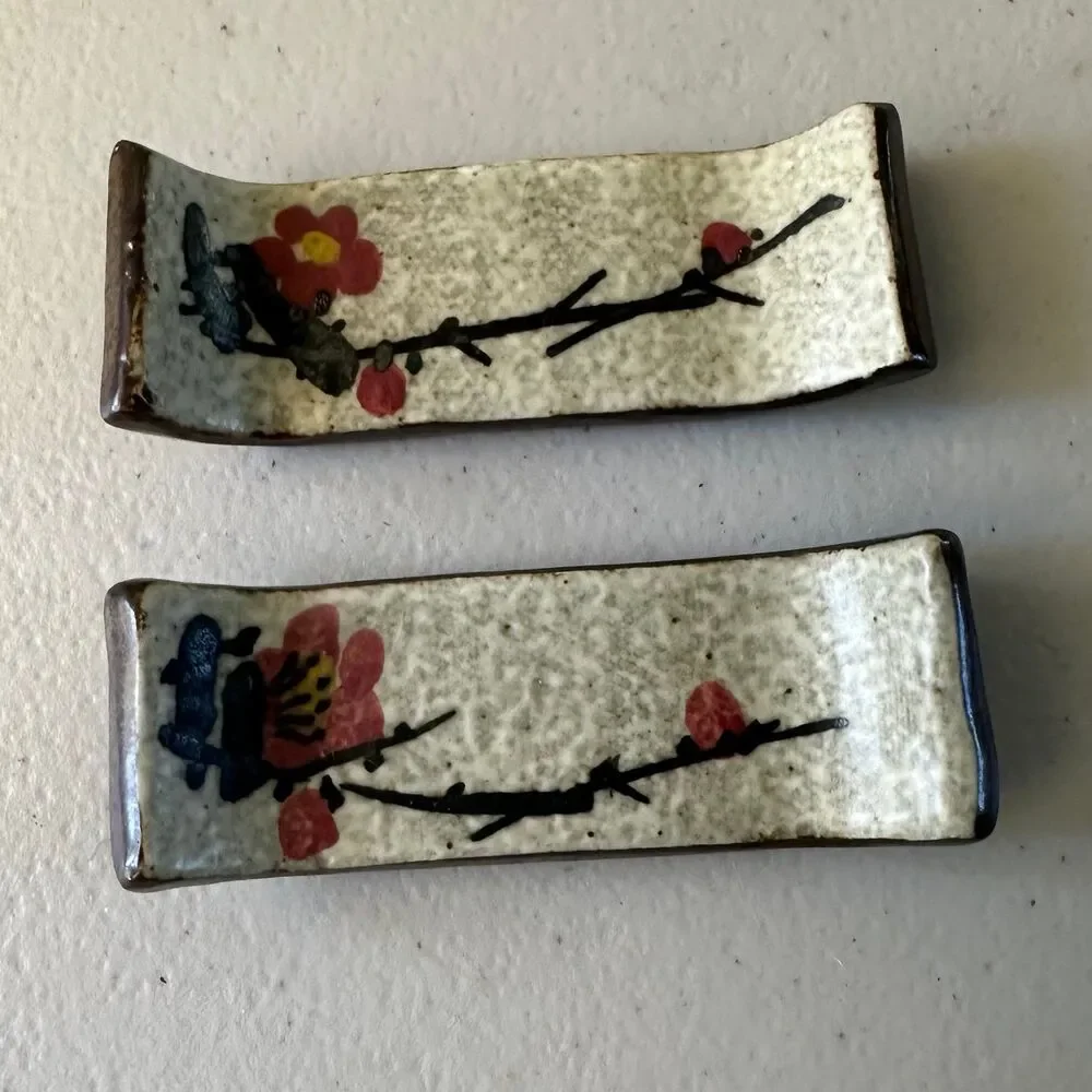 Japanese Hashioki Ceramic Pottery Floral Chopsticks Rest Plates Set of 2